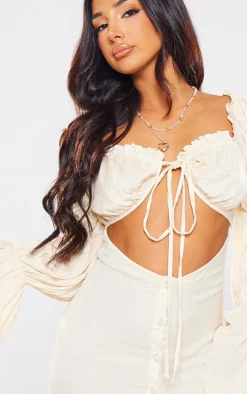 Petite Desert Sand Linen Cut Out Front Mini Dress