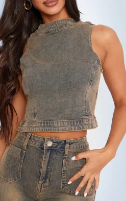 Petite Dirty Grey Denim Backless Top