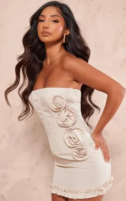 Petite Ecru Corset Mini Dress With Rose Details