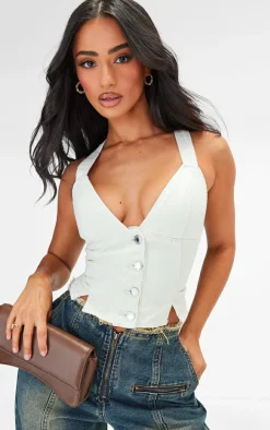 Petite Ecru Denim Fitted Button Up Vest