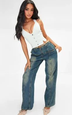 Petite Ecru Denim Fitted Button Up Vest