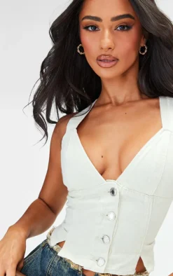 Petite Ecru Denim Fitted Button Up Vest