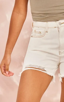 Petite Ecru Ripped Denim Shorts