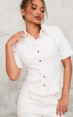 Petite Ecru Short Sleeve Fitted Denim Shirt
