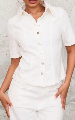 Petite Ecru Short Sleeve Fitted Denim Shirt