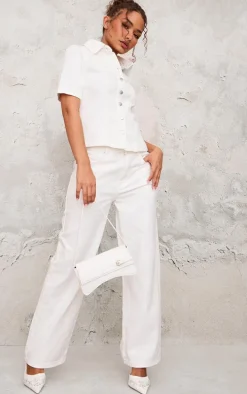 Petite Ecru Short Sleeve Fitted Denim Shirt