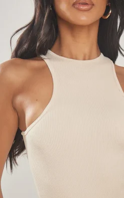 Petite Ecru Snatched Rib Racer Neck Bodycon Dress
