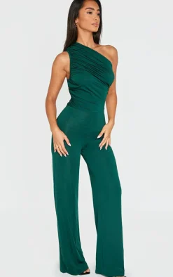 Petite Emerald Green One Shoulder Ruched Wide Leg Jumpsuit