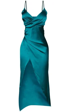 Petite Emerald Green Satin Wrap Detail Maxi Dress