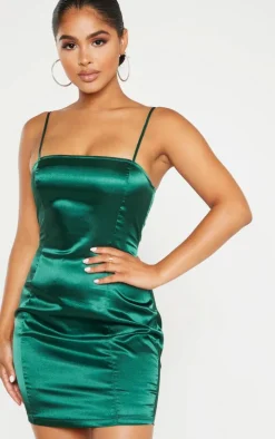 Petite Emerald Green Satin Strappy Straight Neck Bodycon Dress