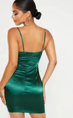 Petite Emerald Green Satin Strappy Straight Neck Bodycon Dress