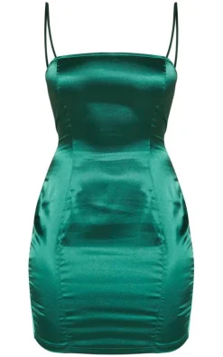 Petite Emerald Green Satin Strappy Straight Neck Bodycon Dress