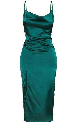 Petite Emerald Green Strappy Satin Cowl Midi Dress