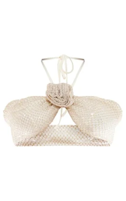 Petite Gold Flower Detail Sequin Mini Skirt