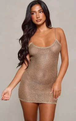 Petite Gold Strappy Sequin Knitted Mini Dress