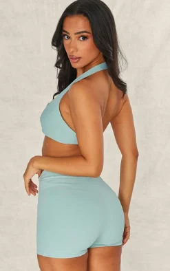 Petite Green Snatched Sculpt Halterneck Twist Front Crop Top