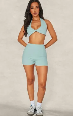 Petite Green Snatched Sculpt Halterneck Twist Front Crop Top