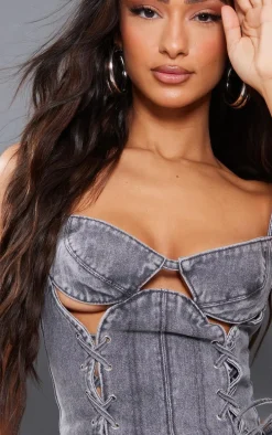 Petite Grey Acid Wash Denim Lace Up Corset