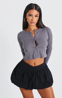 Petite Grey Basic Fine Knit Button Up Cropped Cardigan