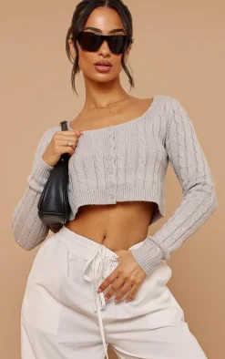 Petite Grey Button Up Cropped Cardigan