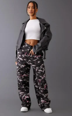Petite Grey Camo Paint Splatter Cargo Pants