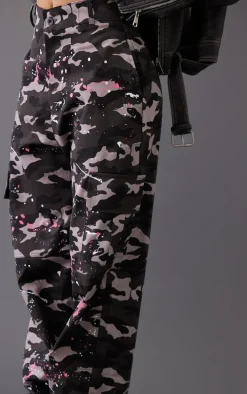 Petite Grey Camo Paint Splatter Cargo Pants