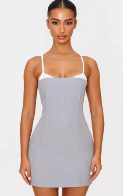 Petite Grey Contrast Strappy Woven Mini Dress