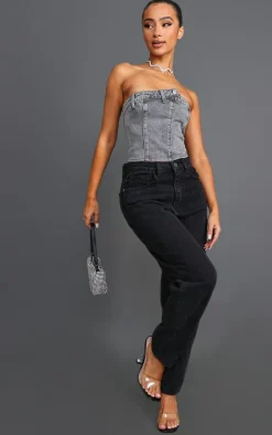 Petite Grey Denim Button Detail Corset