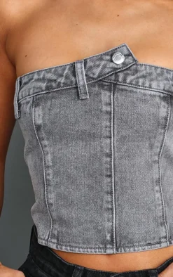Petite Grey Denim Button Detail Corset