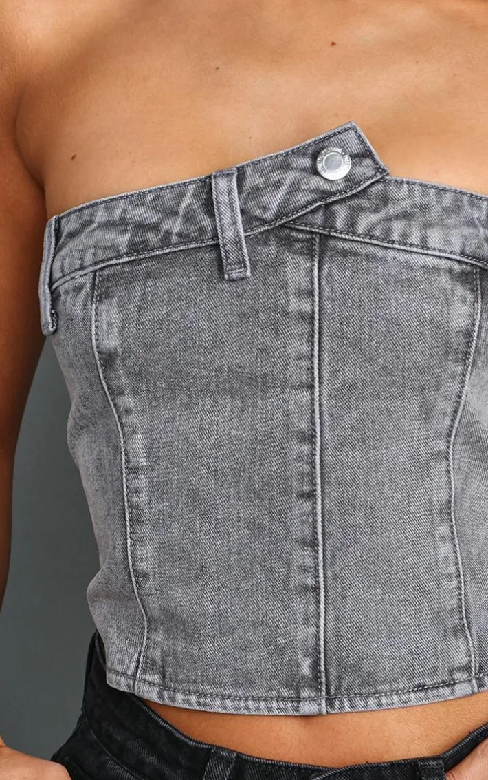 Petite Grey Denim Button Detail Corset