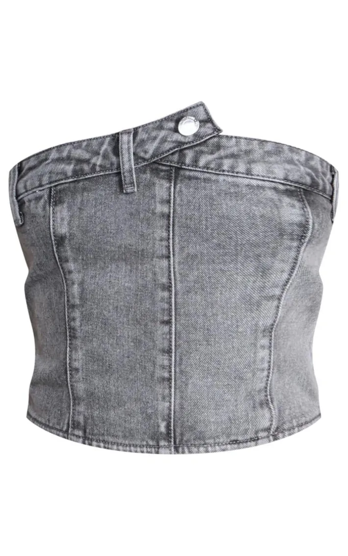 Petite Grey Denim Button Detail Corset