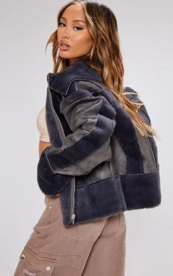 Petite Grey Distressed PU & Fur Contrast Jacket