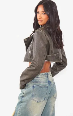Petite Grey Faux Washed Leather Super Cropped Belted Biker Jacket