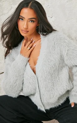 Petite Grey Fluffy Knit V Neck Cardigan