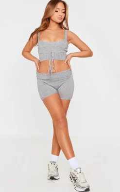 Petite Grey Knitted Fold Over Shorts