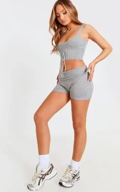 Petite Grey Knitted Strappy Tie Front Crop Top