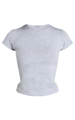 Petite Grey Marl Basic Cotton Blend Fitted Crew Neck T Shirt