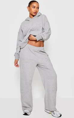 Petite Grey Marl Embossed Bow Detail Wide Leg Sweatpants