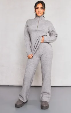 Petite Grey Marl Knit Wide Leg Pants