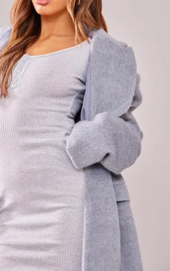 Petite Grey Marl Long Sleeve Brushed Rib Button Detail Midi Dress