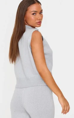 Petite Grey Marl Soft Knit High Neck Sleeveless Top