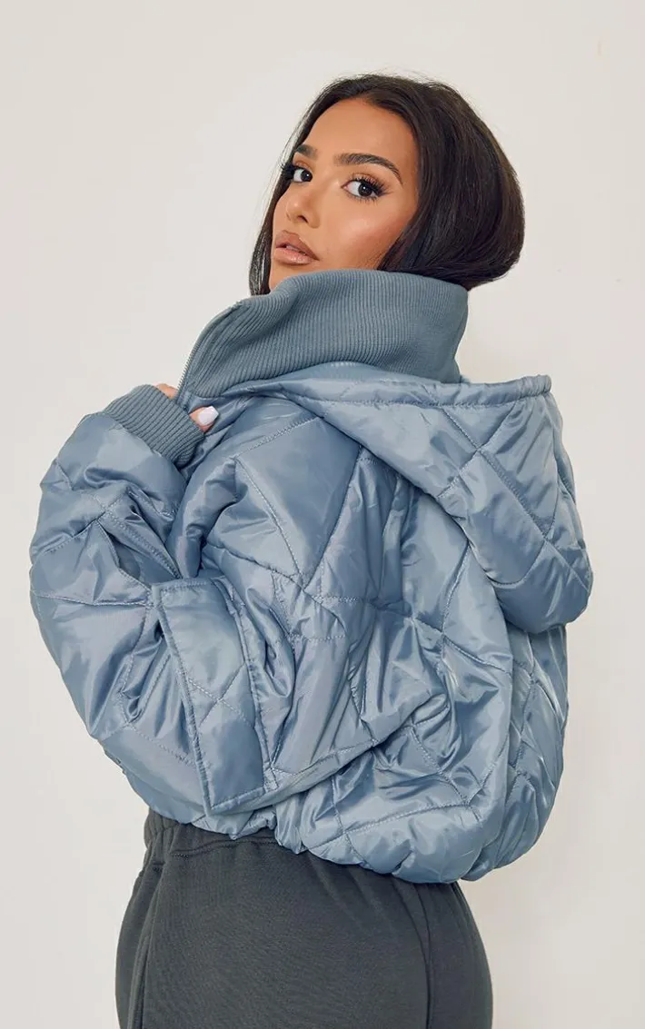 Petite Grey Quilted Rib Insert Cropped Puffer Jacket