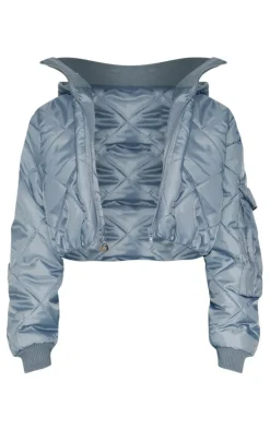 Petite Grey Quilted Rib Insert Cropped Puffer Jacket