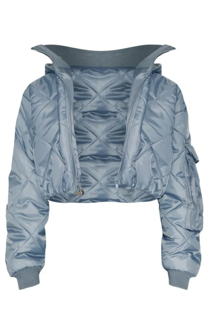 Petite Grey Quilted Rib Insert Cropped Puffer Jacket