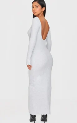 Petite Grey Ribbed Boat Neck Low Back Maxi Dress