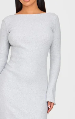 Petite Grey Ribbed Boat Neck Low Back Maxi Dress
