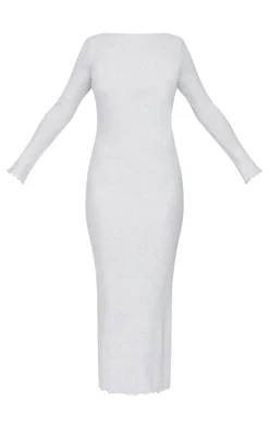 Petite Grey Ribbed Boat Neck Low Back Maxi Dress