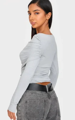 Petite Grey Slinky Drape Detail Long Sleeve Top