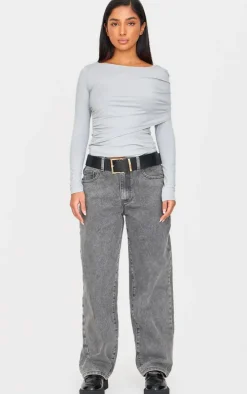 Petite Grey Slinky Drape Detail Long Sleeve Top