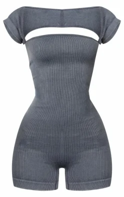 Petite Grey Snatched Rib Cap Sleeve Square Neck Unitard